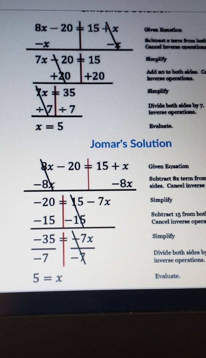 Miss Johnson gave her class the following equation 8x - 20=15 + x solve the equation-example-1