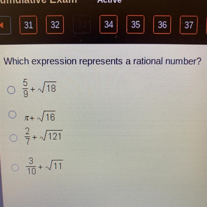 Which expression represents a rational number?-example-1