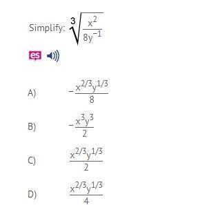 Simplify: \sqrt[3]{(x^2)/(8y^(-1)) } Thank you!-example-1