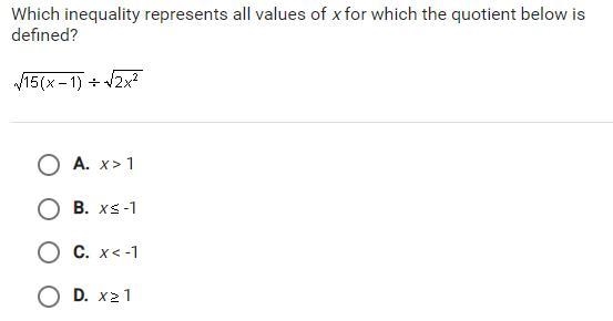 Which inequality represents all values of x for which the quotient below is defined-example-1