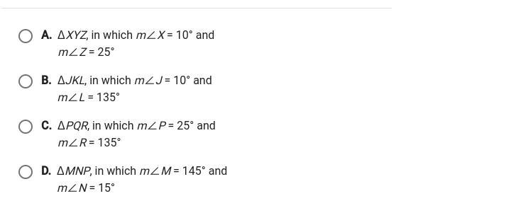 In ABC, m∠A=10 and m∠B=145. Select the triangles that are similar to ABC.-example-1