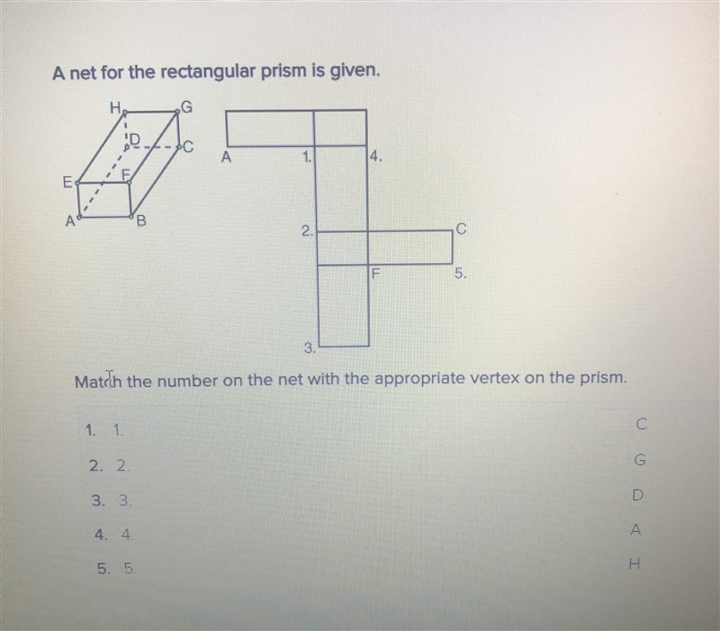 Match the number on the net with the appropriate vertex on the prism.-example-1