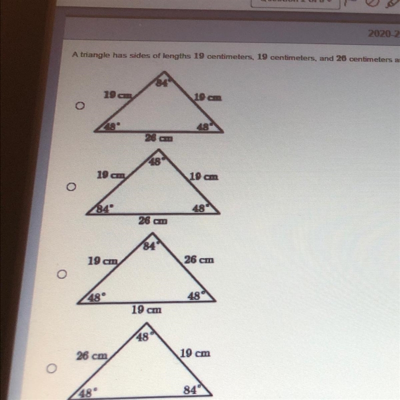 A triangle has of sides of lengths 19 centimeters,19 centimeters,and 26 centimeters-example-1