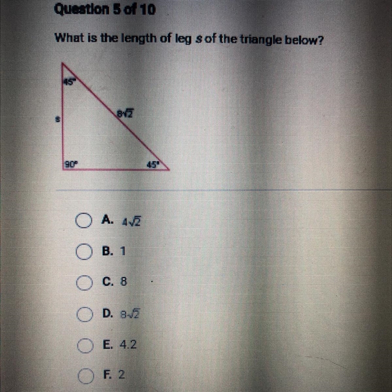 What is the length of leg s of the triangle below-example-1