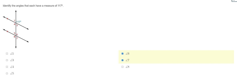 GEOMETRY. Identify the angles that each have a measure of 117º-example-1