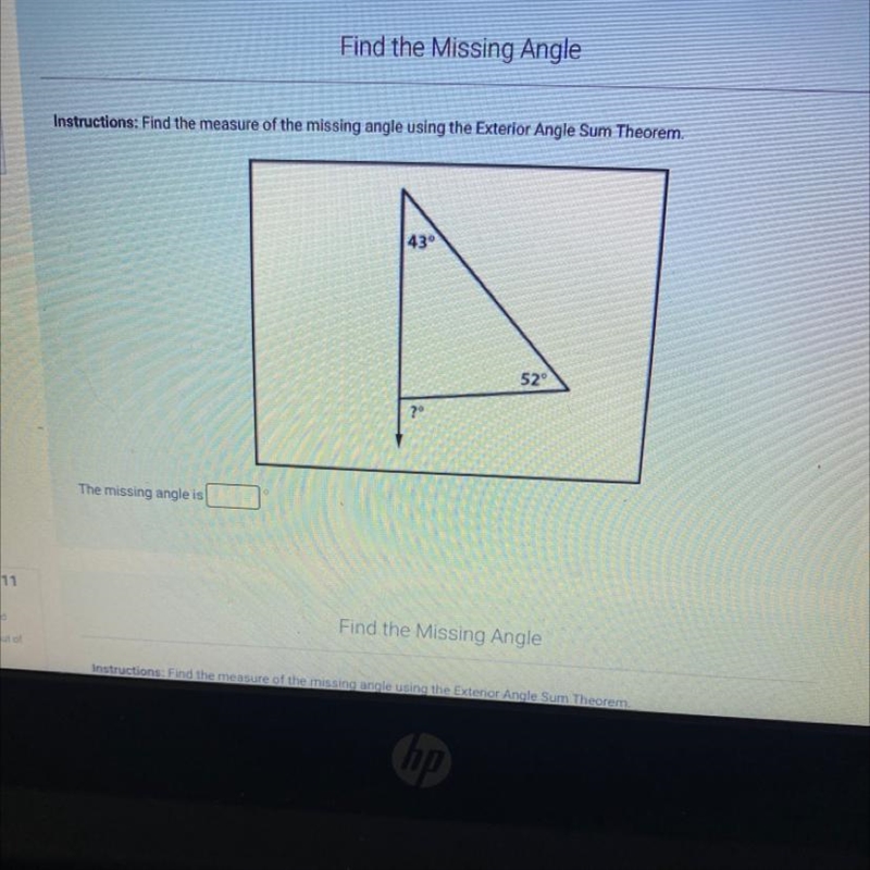 Find the measure of the missing angle using the exterior angle sum theorm.-example-1