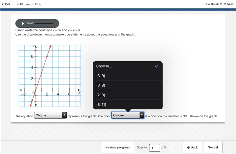 Dimitri wrote the equations y = 3x and y = x + 3. Use the drop-down menus to make-example-2