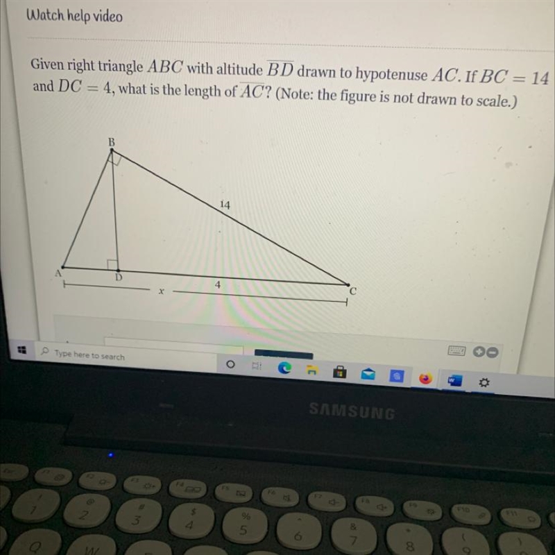 Given right triangle ABC with altitude BD drawn to hypotenuse AC. If BC = 14 and DC-example-1