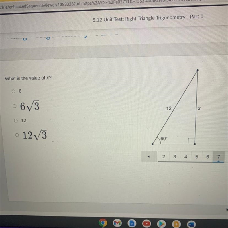 What is the value of x? O 6 6V3 12 O 12 o 12V3 60°-example-1