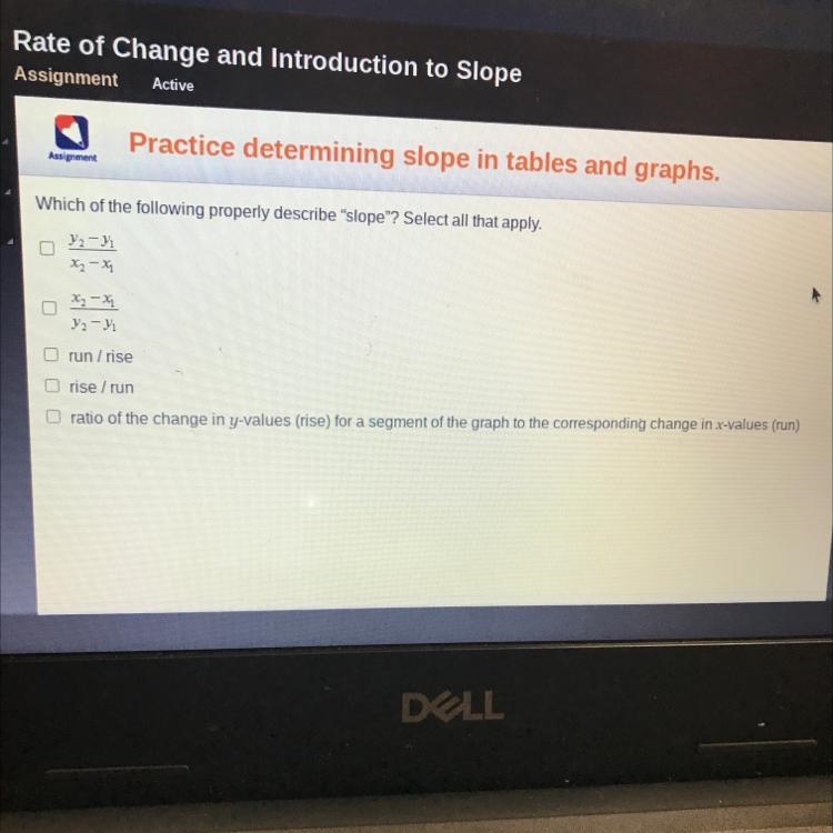 Assignment and graphs. Which of the following properly describe "slope"? Select-example-1