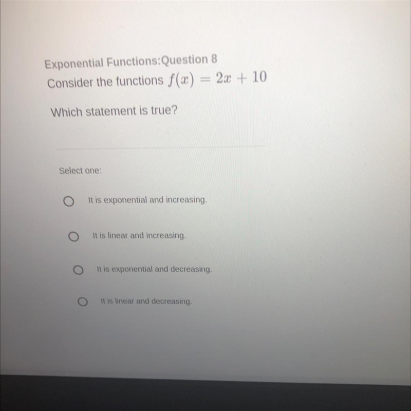 Consider the functions f(x) = 2x + 10 Which statement is true?-example-1