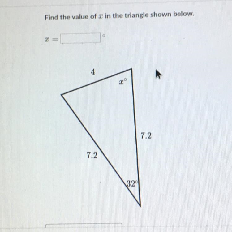 Please help urgent!!! Find the value of x in the triangle shown below!-example-1