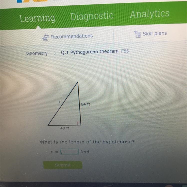 64 ft A 48 ft What is the length of the hypotenuse? C = feet-example-1