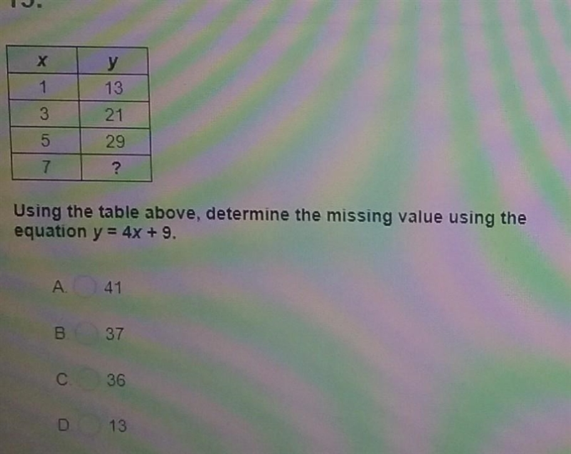 Using the table above determine the missing value using the equation y equals 4x + 9 ​-example-1