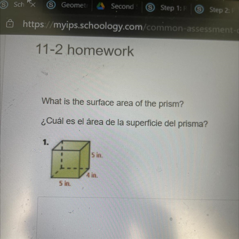 What is the surface area of the prism? 1. 5 in. 4 in. 5 in-example-1