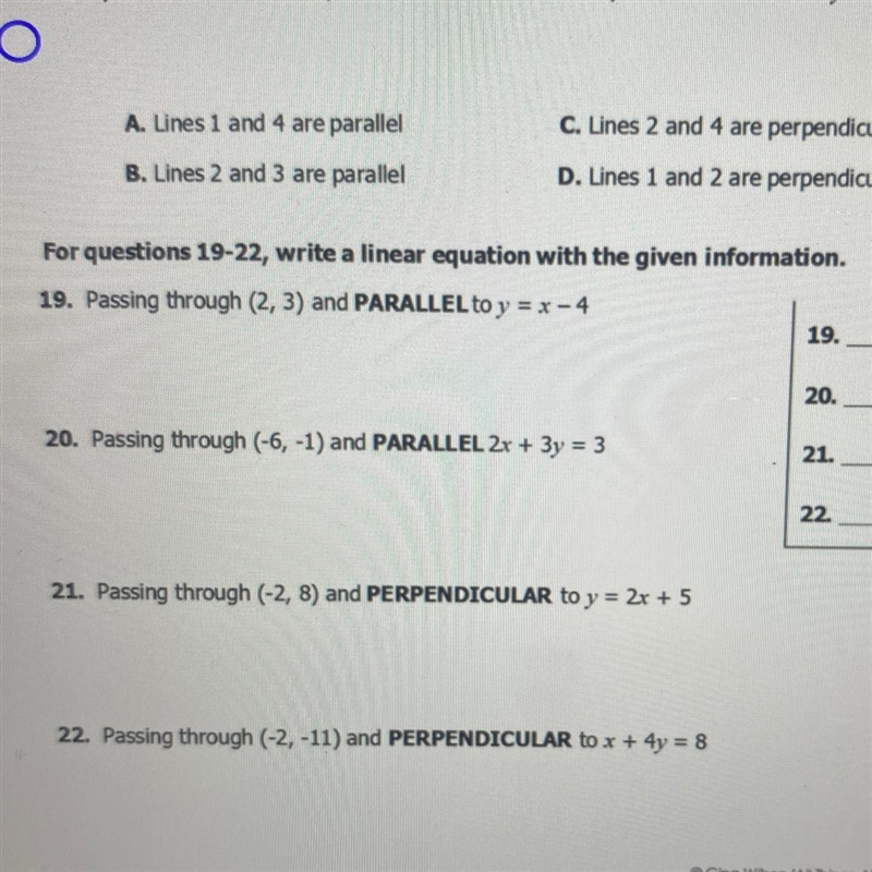 For questions 19-22, write a linear equation with the given information. 19. Passing-example-1