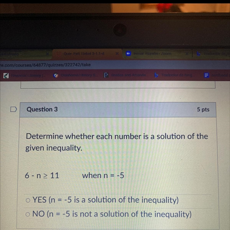 Determine whether each number is a solution of the given inequality. 6-n > 11 when-example-1