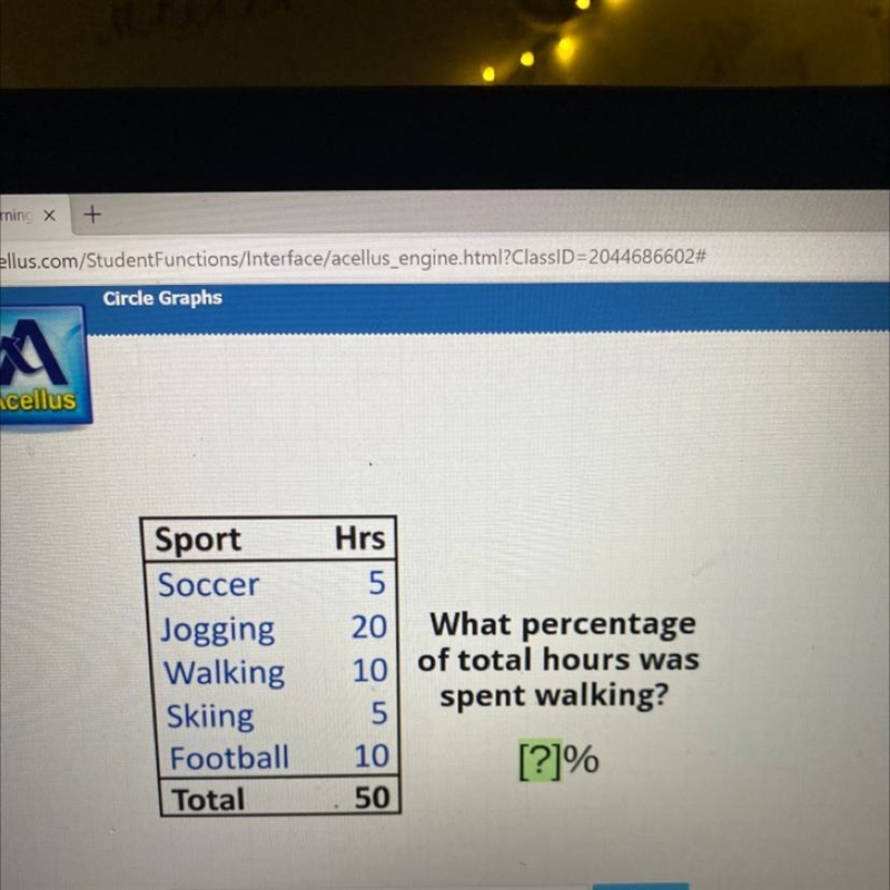 Sport Soccer Jogging Walking Skiing Football Total Hrs 5 20] What percentage 10% of-example-1