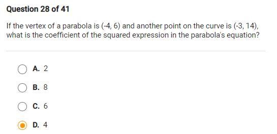 If the vertex of a parabola is (-4, 6) and another point on the curve is (-3, 14), what-example-1