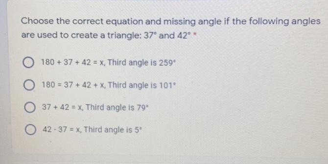 Choose the correct equation and missing angle if the following angles are used to-example-1