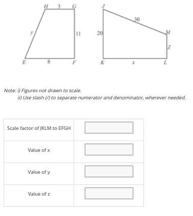 Find scale factor, value of x, y & z please-example-1