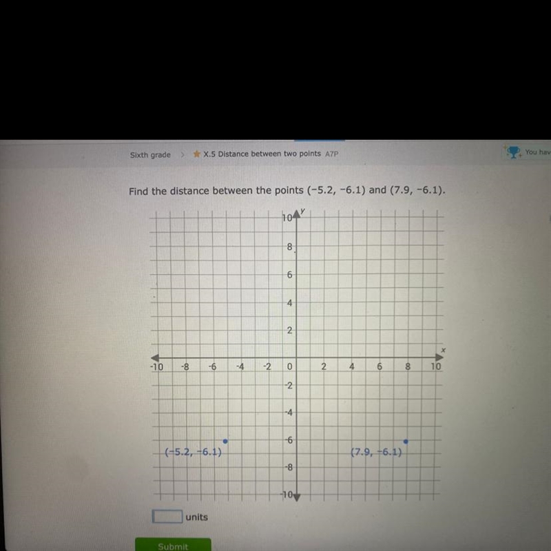 What is the distance between (-5.2, -6.1) and (7.9, -6.1) once you answer this, hows-example-1