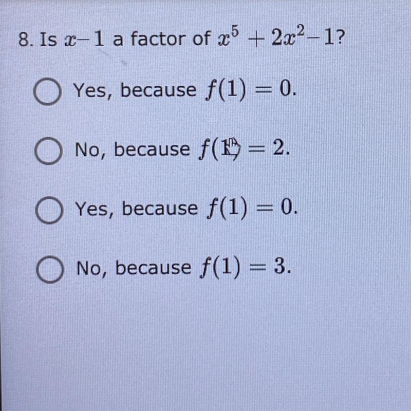 Is x-1 a factor of x^5+2x^2-1-example-1