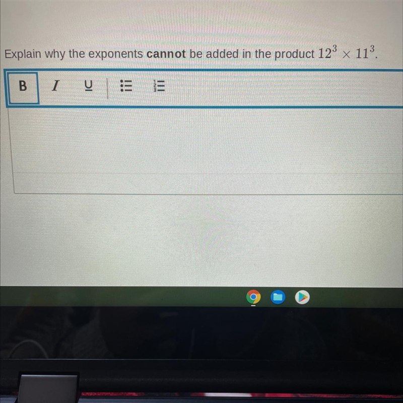 Explain why the exponents cannot be added in the product 12^3 x 11^3.-example-1