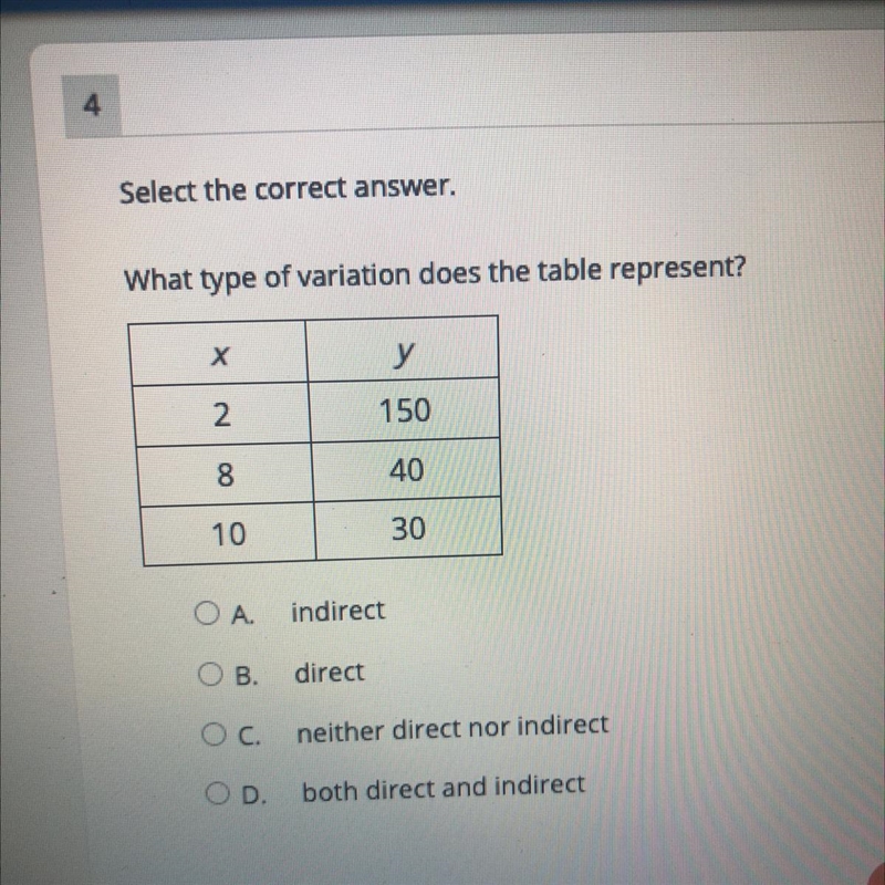 PLEASE HELP: alg 1 what type of variation does the table represent?-example-1