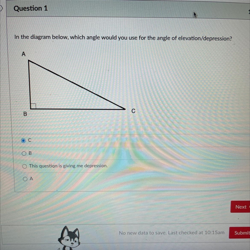 In the diagram below, which angle would you use for the angle of elevation/depression-example-1