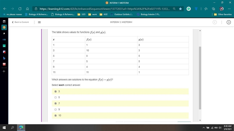 The table shows values for functions f(x) and g(x). x f(x) g(x) 1 1 3 3 10 3 5 0 5 7 5 5 9 4 4 11 11 1 Which-example-1