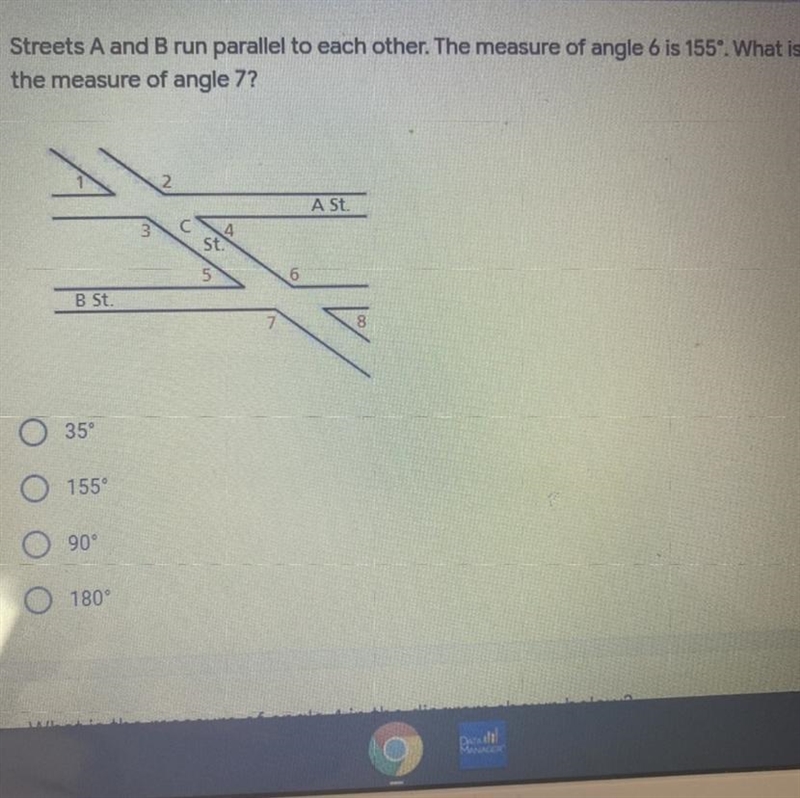 streets A and B run parallel to each other. The measure of angle 6 is 155 degrees-example-1