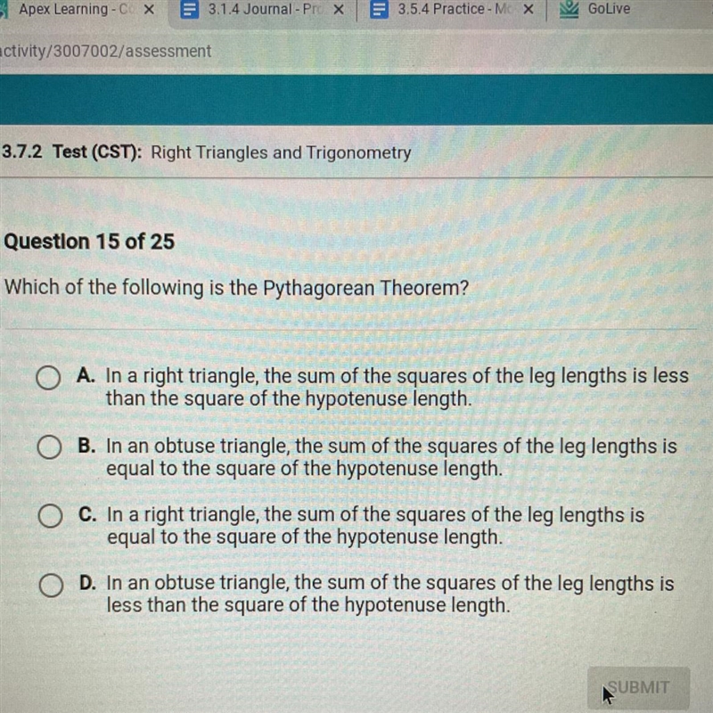 Which of the following is the Pythagorean Theorem?-example-1