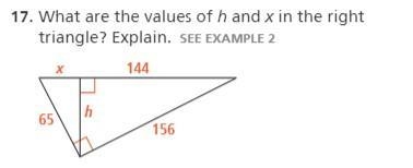 What are the values of h and x in the right triangle? Explain.-example-1