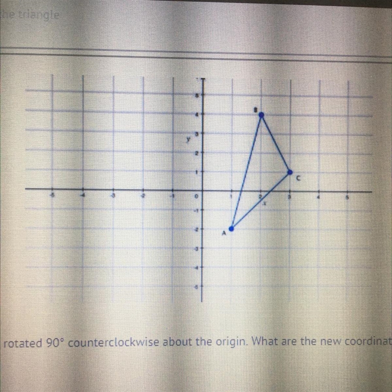 The triangle shown is rotated 90° counterclockwise about the origin. What are the-example-1