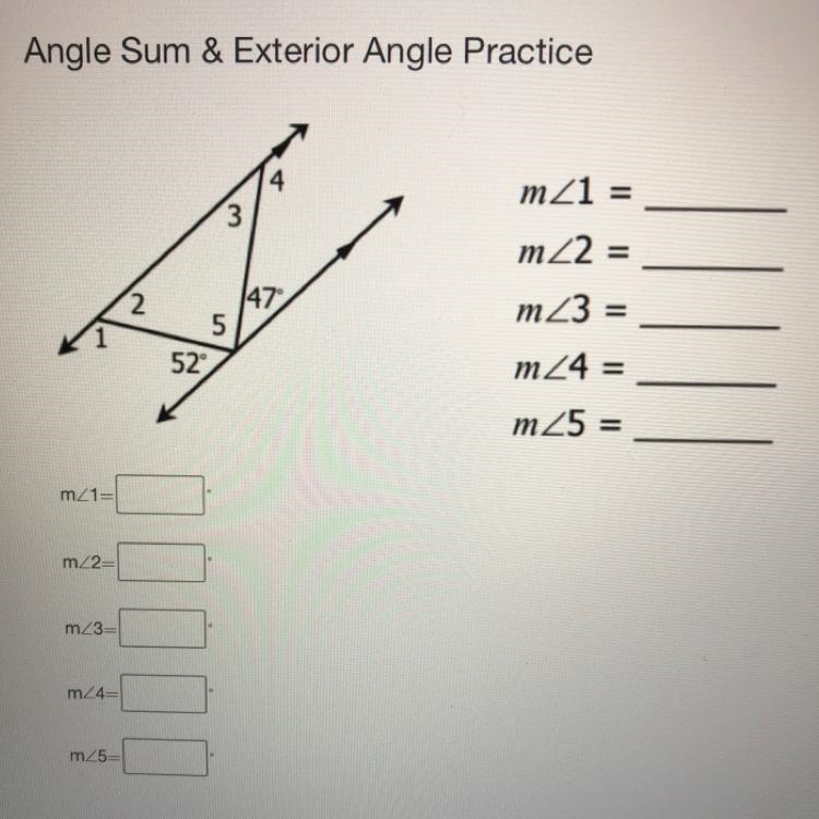 Angle Sum & Exterior Angle Practice m_1 = m22 147 5 m3 = m24 = 52 m25 =-example-1