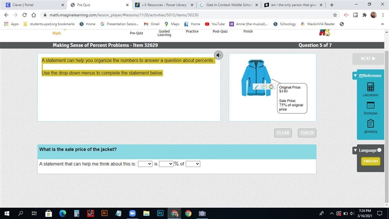 A statement can help you organize the numbers to answer a question about percents-example-1