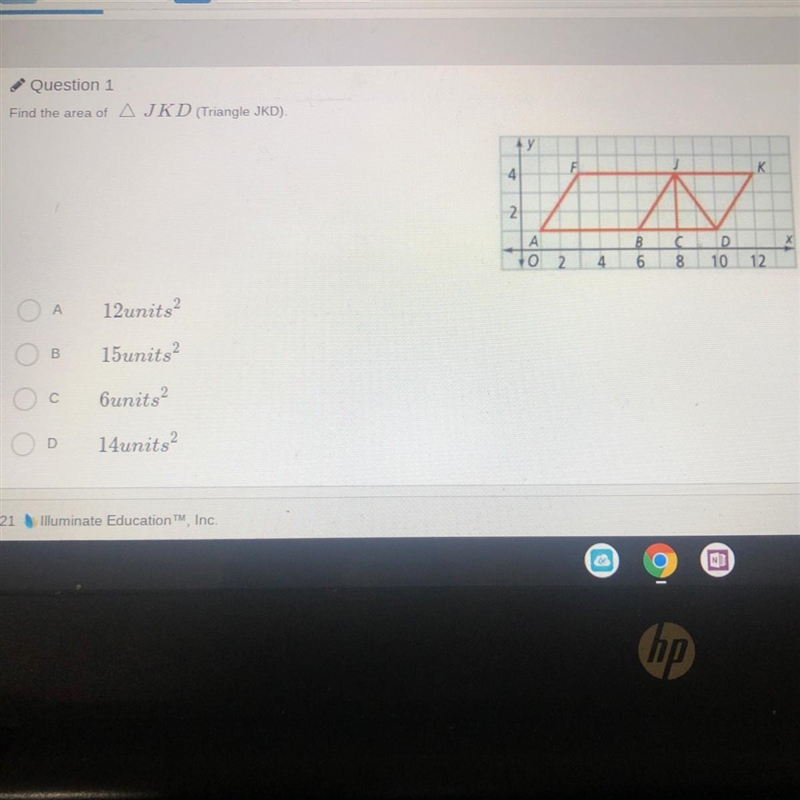 Question 1 Find the area of AJKD (Triangle JKD) +y F 4 2 A 0 B 6 с 8 D 10 2 4 12 А-example-1