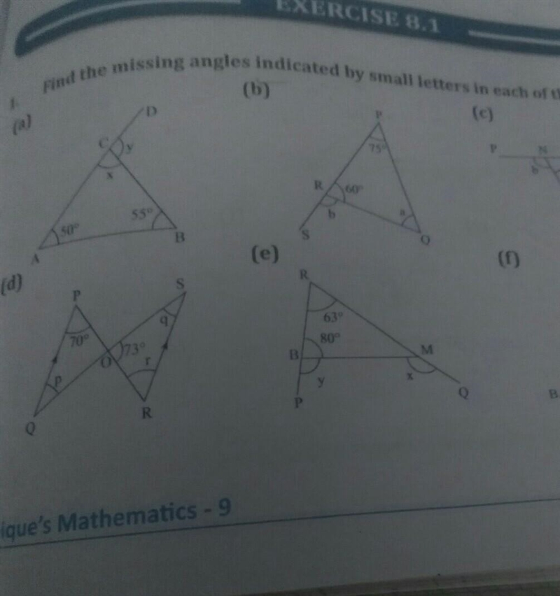 Find the missing angles indicated by small letters in each of the diagram. ​-example-1