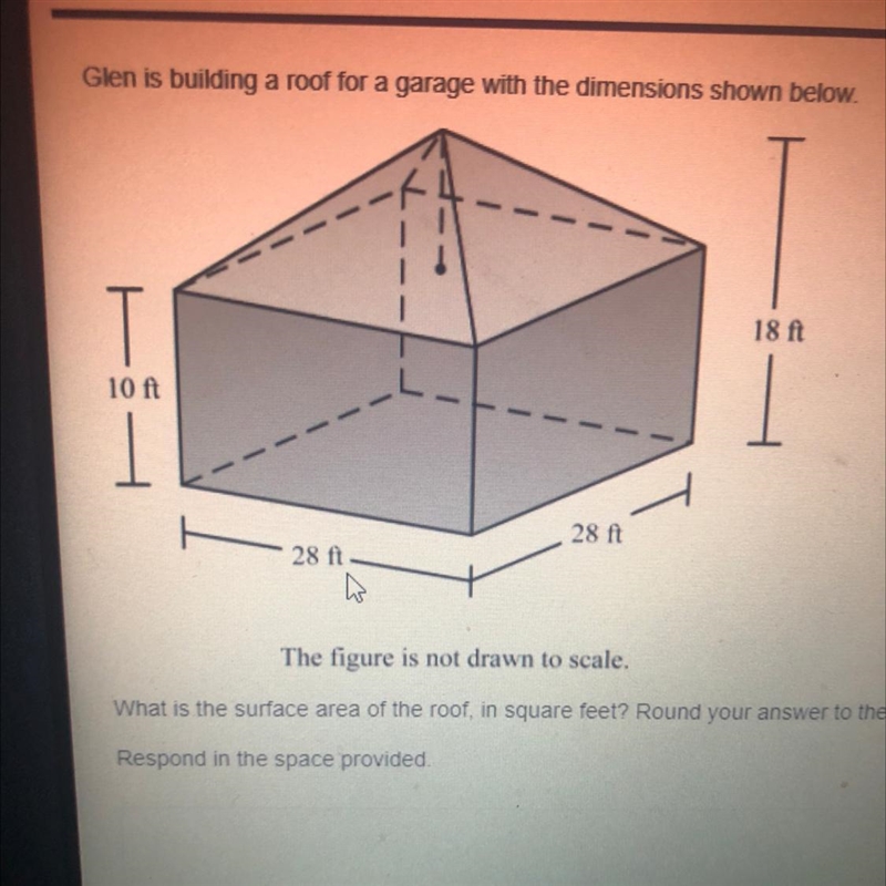 Glen is building a roof for a garage with the dimensions shown below. 18 ft 10 ft-example-1