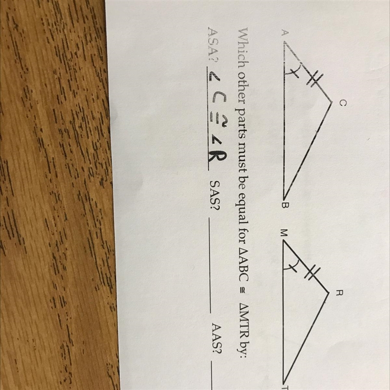 Which other parts must be equal for triangle ABC= triangle MTR by-example-1