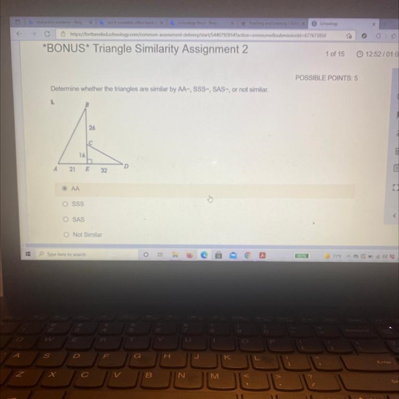 Triangle Slmliarity Assignment 2 1 of 15 12:28/01:00:00 POSSIBLE POINTS: 5 Determine-example-1