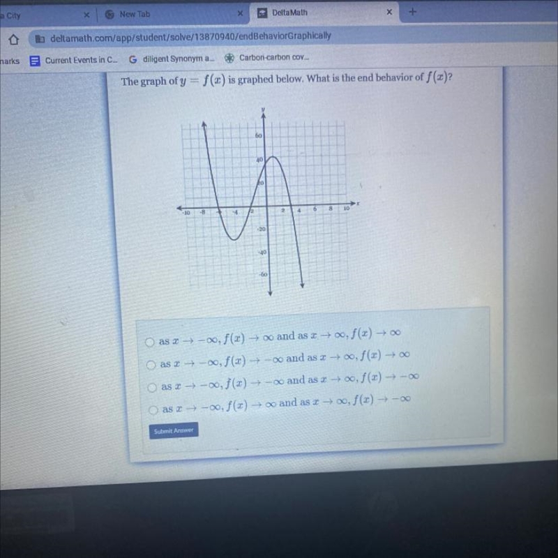 The graph of y = f(x) graphed below . What is the end behavior of f(x) ?-example-1