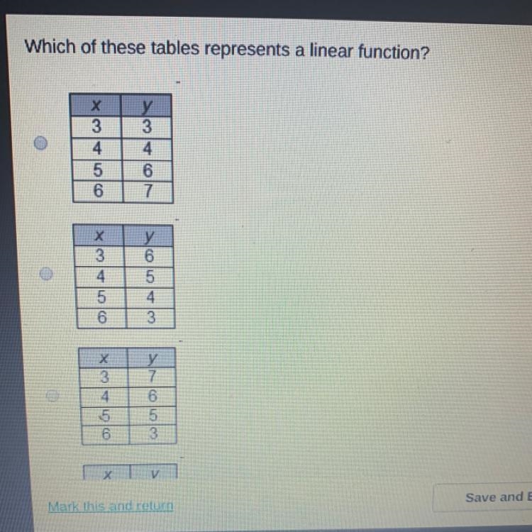 Which of these tables represents a linear function? х 3 4. 5 6 у 3 4 6 7 х O 01 AW-example-1