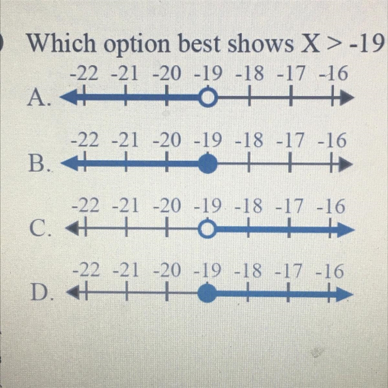 Which option best shows X>-19 , The topic is inequalities-example-1