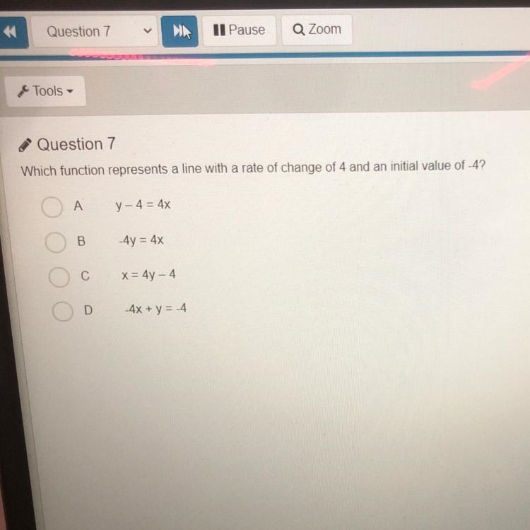 Which function represents a line with a rate change of 4 and an initial value of -4?-example-1