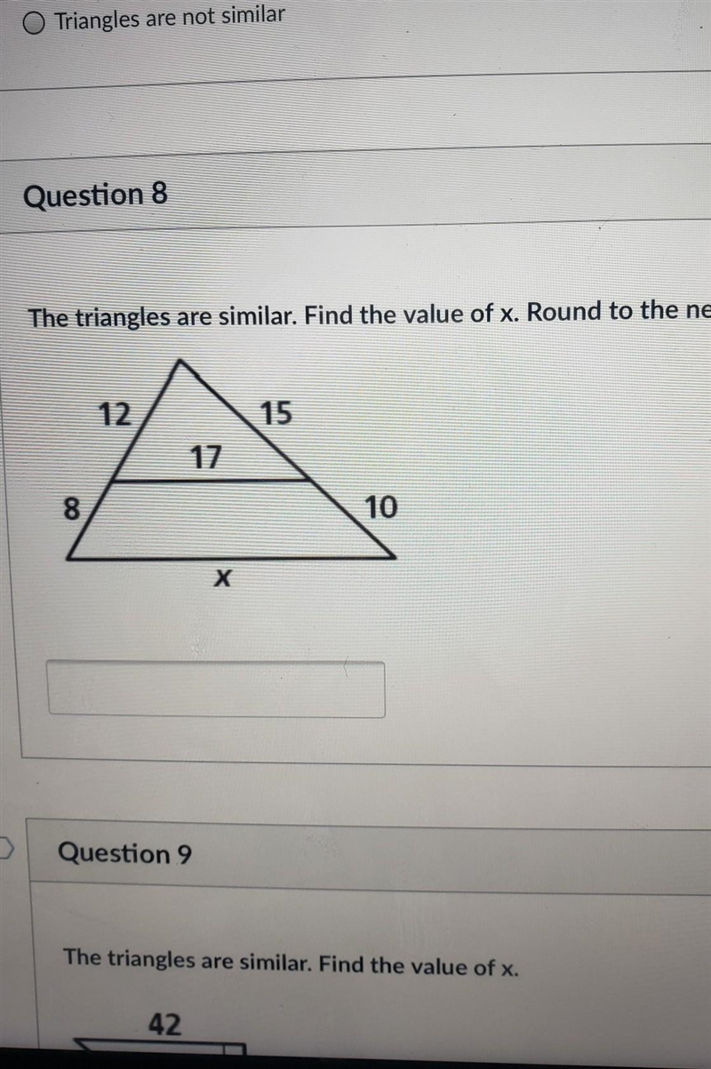 Triangles are similar Find the value of x. Please i need help Thank you in advanced-example-1