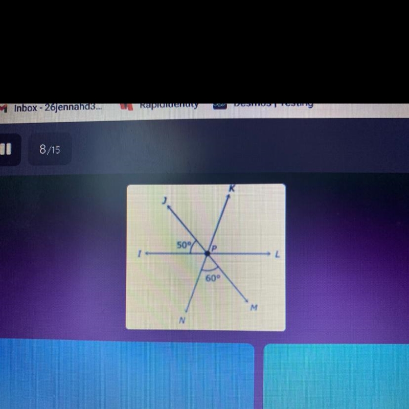 PLEASE HELP ASAP All the lines in the figure intersect at point P. What is the measure-example-1