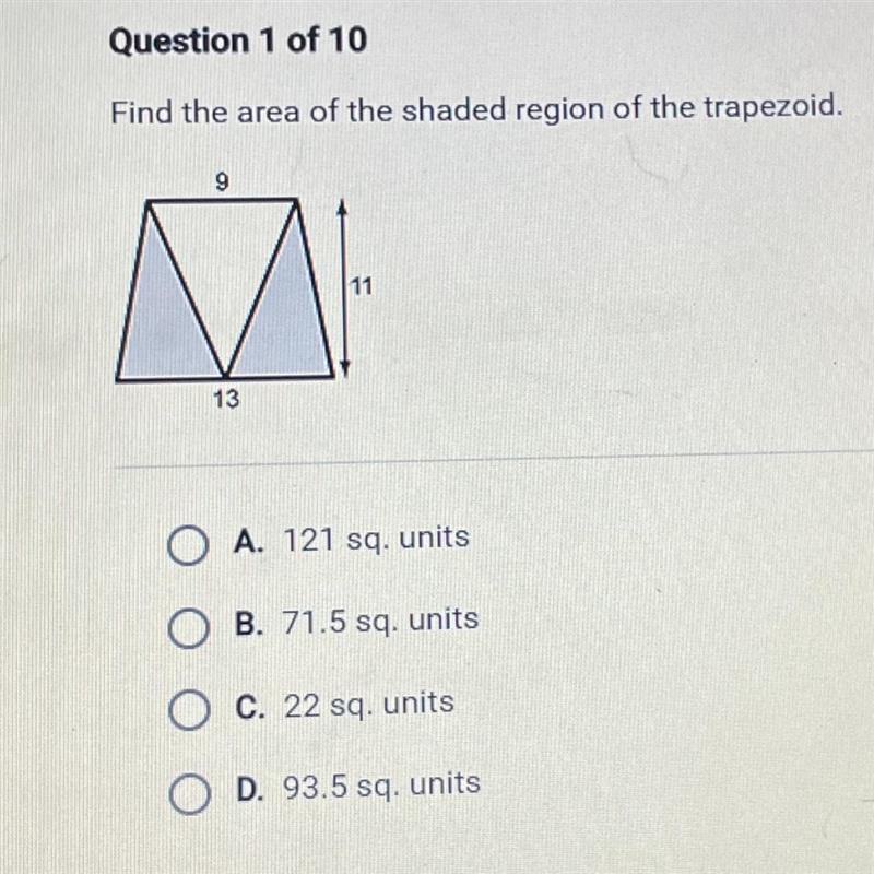 Find the area of the shaded region of the trapezoid.-example-1