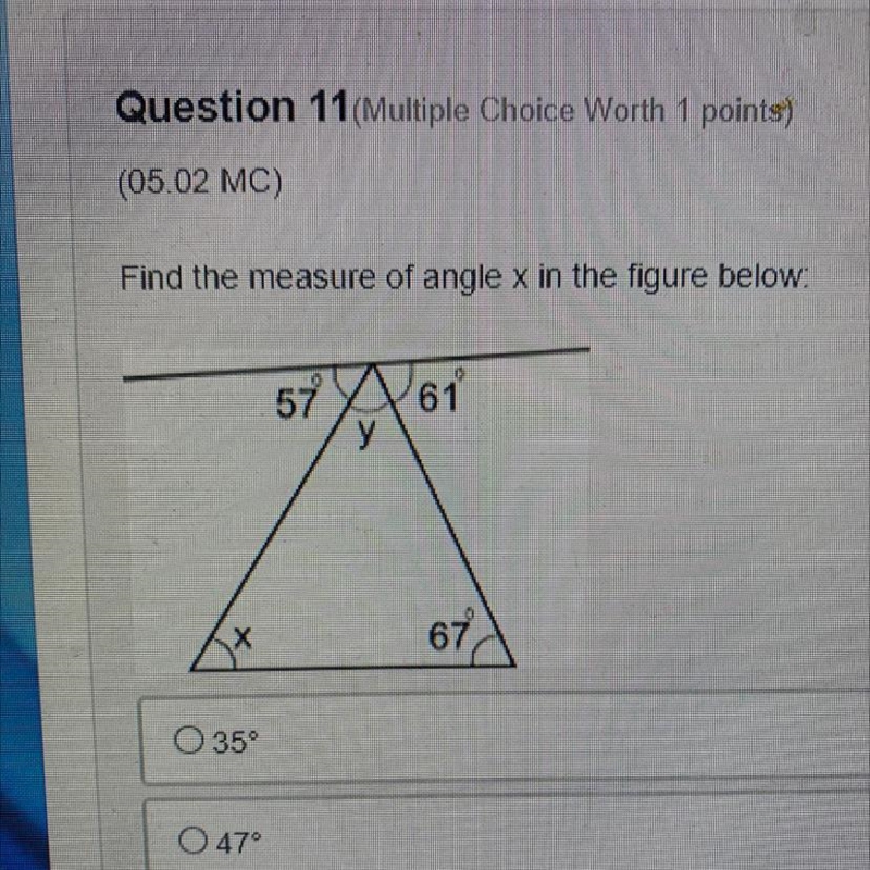 Find the measure of angle x in the figure below 35°, 47°, 51°, 62°-example-1